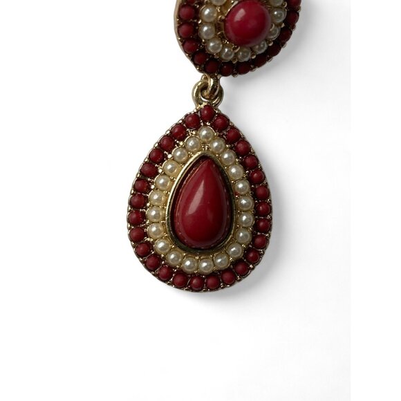 Vintage Red and White Beaded Teardrop Earrings With Intricate Detailing - Picture 5 of 5